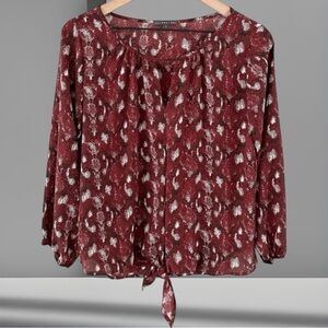 NWOT West Kei Burgundy Snake Print Front Tie Blouse Size XS